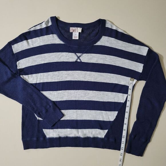 SO® Junior's Navy Stripe Crewneck Lightweight Waffle-knit Sweater - Picture 6 of 13
